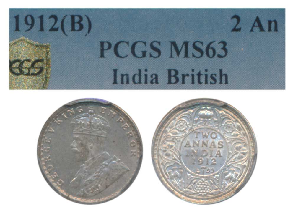 George V, Silver 2 Annas, 1912, Bombay Mint (Prid 571). Graded by PCGS MS63.