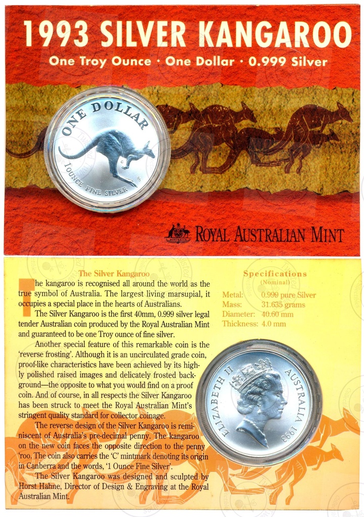 [AC 195] 1993 Australian Silver Kangaroo, the first 1 Troy Ounce .999 fine silver legal tender coin