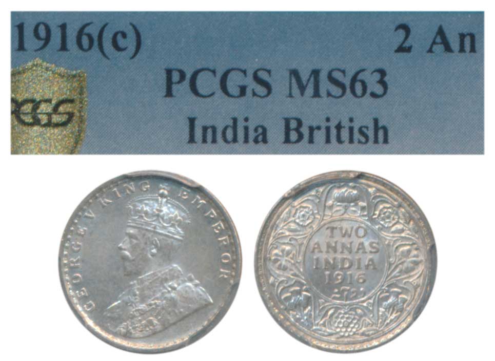[GC 003] George V, Silver 2 Annas, 1916, Calcutta Mint (Prid 569). Graded by PCGS MS63.