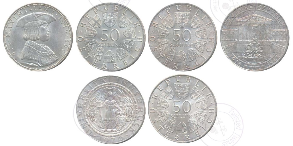 [AC 294-296] Austria, Silver 50 Schilling (3), each 20g, 1968-1970 (Three different commemorative coins)