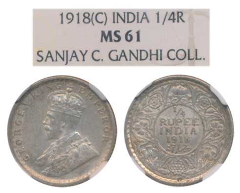 George V, Silver ¼ Rupee, 1918, Calcutta Mint, (Prid 447). Graded by NGC MS61.