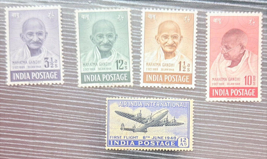 [SA 23] INDIA - 1948 First Anniversary of Independence "Gandhi" set, SG 305/308, never hinged mint. Plus Air India International Presented in a stock card