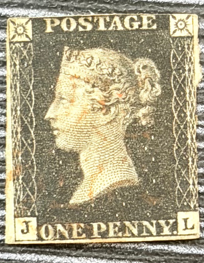 [SA 54] Great Britain – 1840 Penny Black, 1 Penny Black Plate 3 | Lettering JL | SG 2 | Used | Two Margins