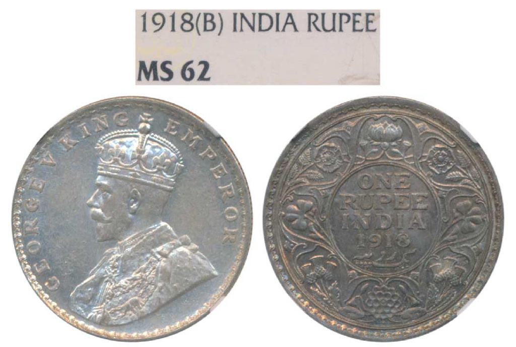George V, Silver Rupee, 1918, Bombay Mint (Prid 224). Graded by NGC MS62.