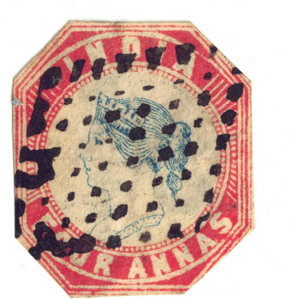[SA 002] India 1854 Four Annas (Red & Blue) – Head Die II, Frame Die I, Wide Setting, Second Printing (Cut Close) Cancelled Stamp