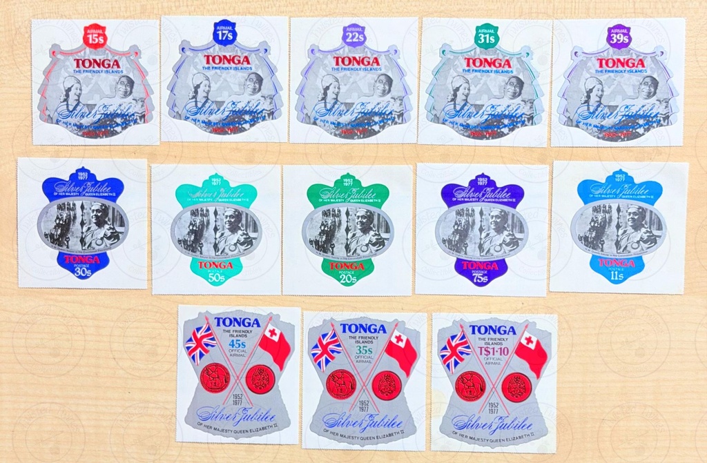 [FS 1] Tonga 1977 Silver Jubilee Complete 13-Stamp Collection (MNH) – Queen Elizabeth II – Self-Adhesive Shaped Issues
