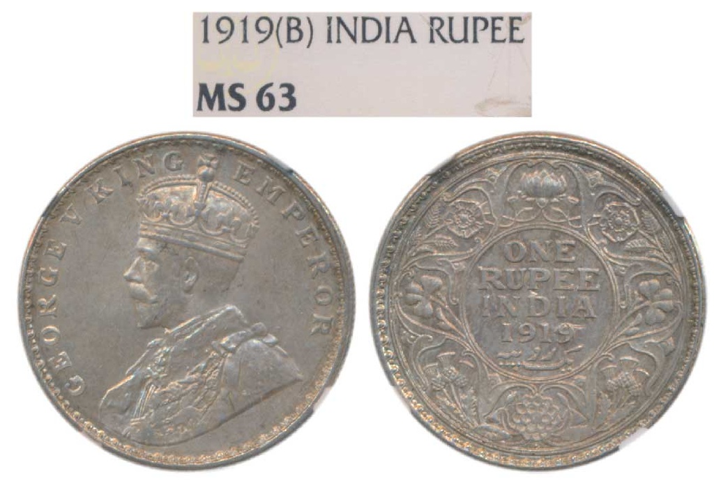 George V, Silver Rupee, 1919, Bombay Mint (Prid 225). Graded by NGC MS63.