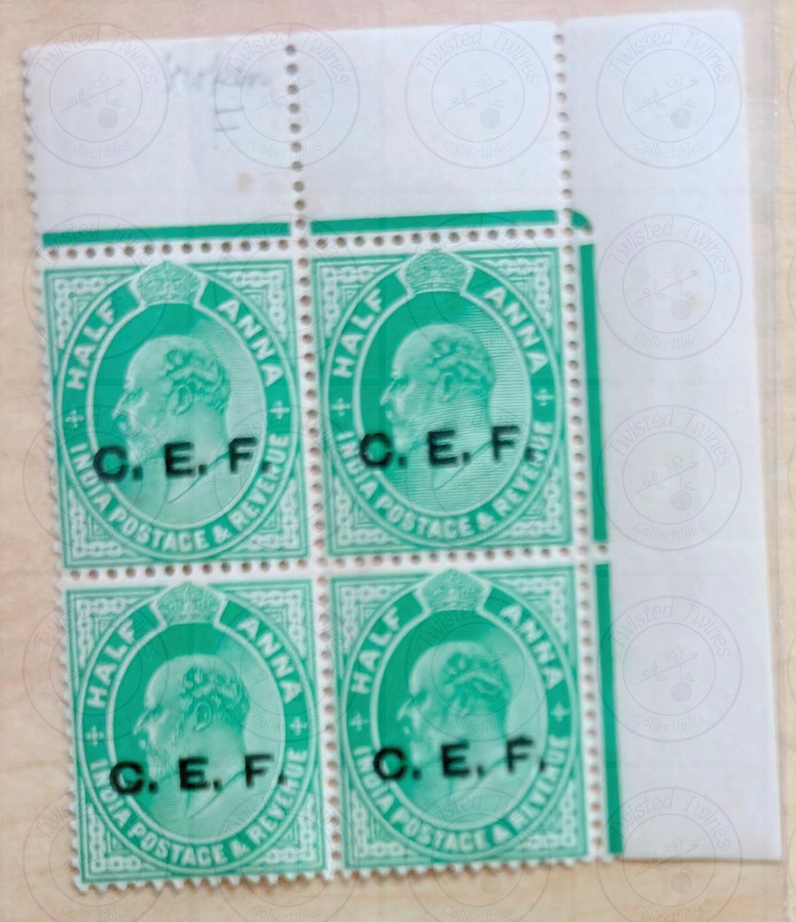 India King Edward VII ½ Anna Green "C.E.F." Overprint – Block of Four  Very Fine MNH