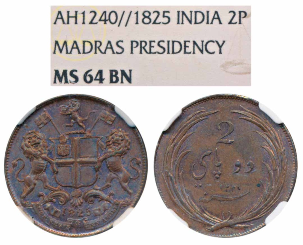 Tegnapattam Issues, Rupee Series, Copper 2 Pies, 1825 AD,  Graded By NGC MS64BN.
