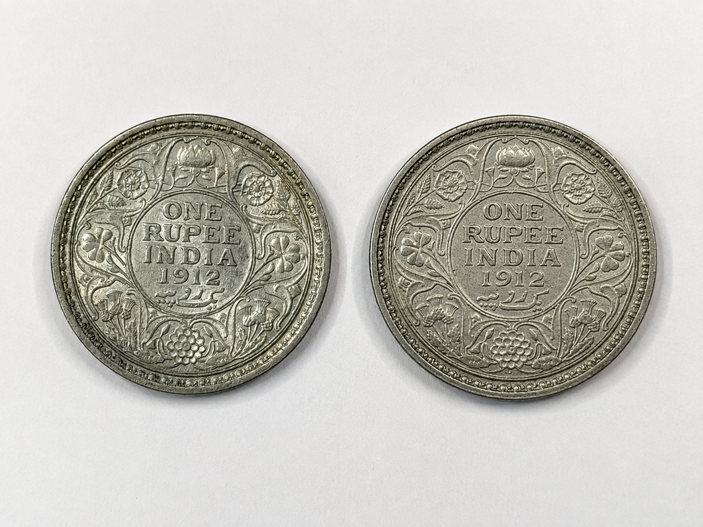 [BIC 44-45] 1912 King George V One Rupee Silver Coin – Calcutta Mint (No Mint Mark), Bombay Mint (Small Dot Mint Mark) (2 Coins) (VF Coins)