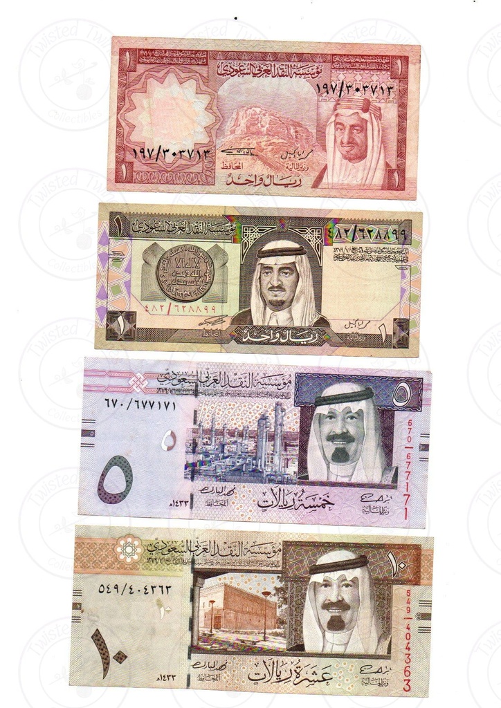 [FCN 009] Saudi Arabia banknote collection of 1(2), 5, and 10 Riyals issued by the Saudi Arabian Monetary Agency (SAMA).