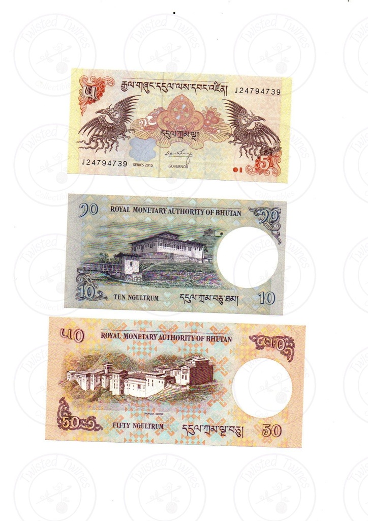[FCN 013] Bhutan Complete Banknote Trio – 5, 10 & 50 Ngultrum (Series 2013/2015), About UNC