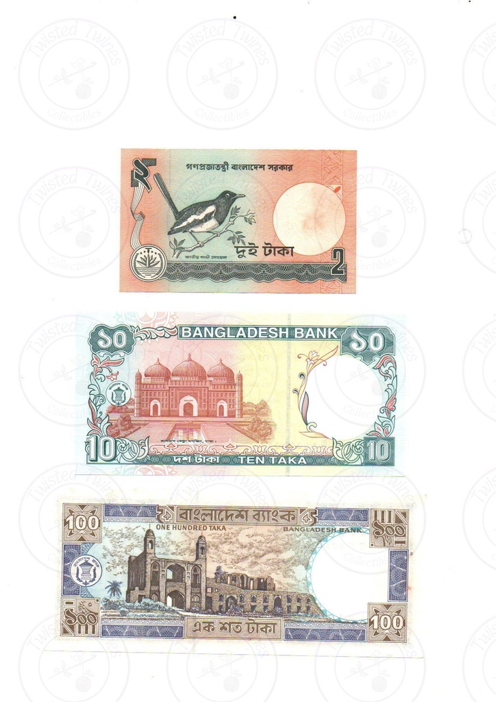 [FCN 014] Bangladesh Banknote Trio – 2, 10 & 100 Taka, About XF to UNC