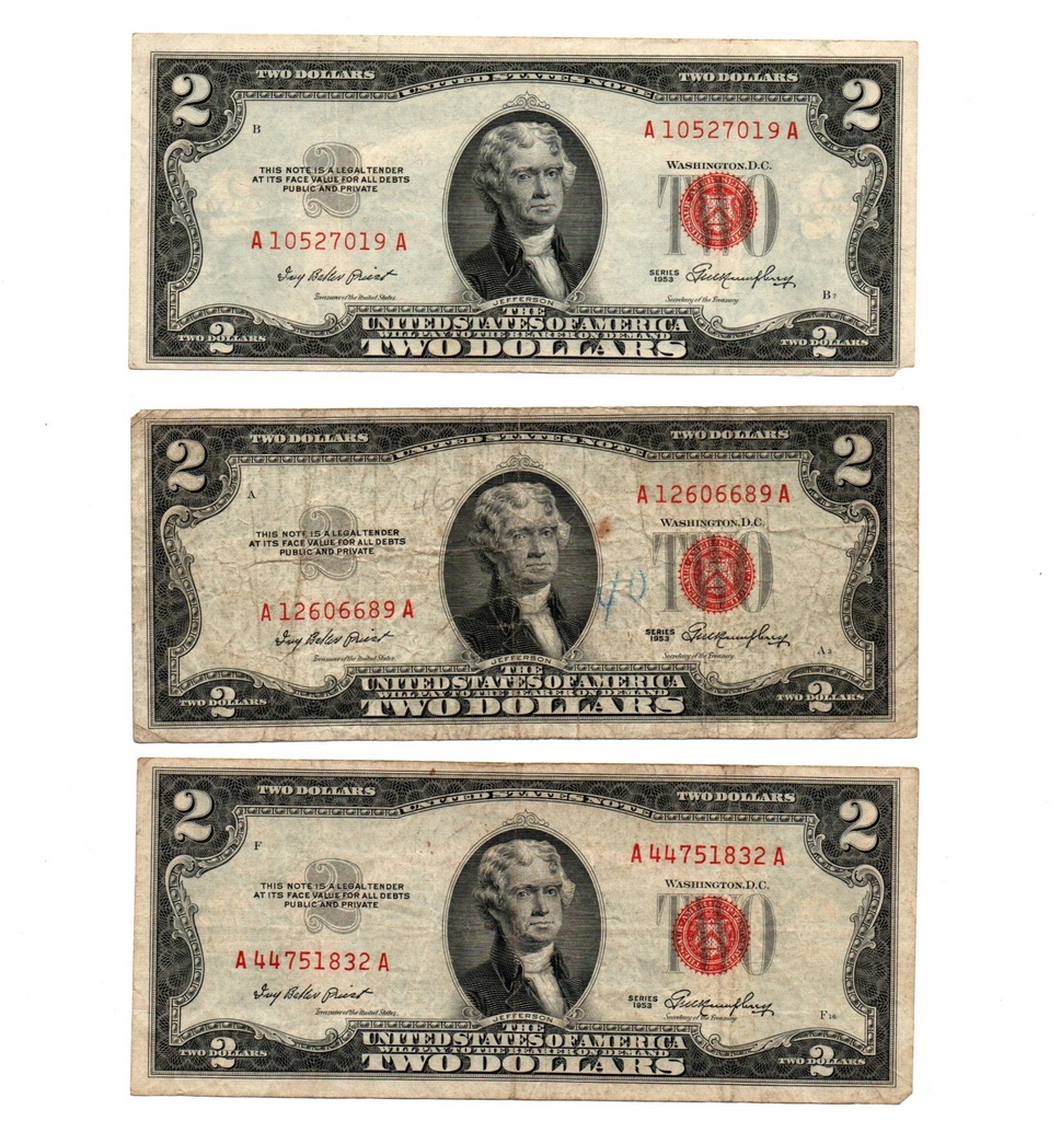 [FCN 23] United States $2 Red Seal Note – Series 1953 – Thomas Jefferson – Vintage U.S. Currency (6 Notes)