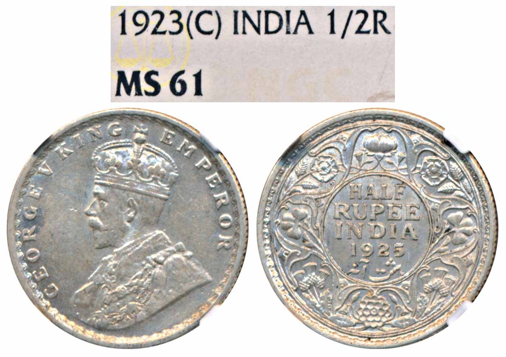 George V, Silver ½ Rupee, 1925, Calcutta Mint  (Prid 328). Graded by NGC MS61, date wrongly labelled.1923