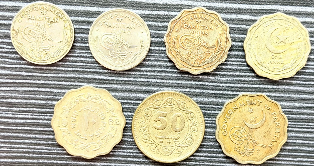 Vintage Pakistan Coin Collection 1948–1962 | One Anna, Quarter Rupee, 10 Paisa & 50 Paisa | Original VF/XF Collectible Coins (7 Coins)