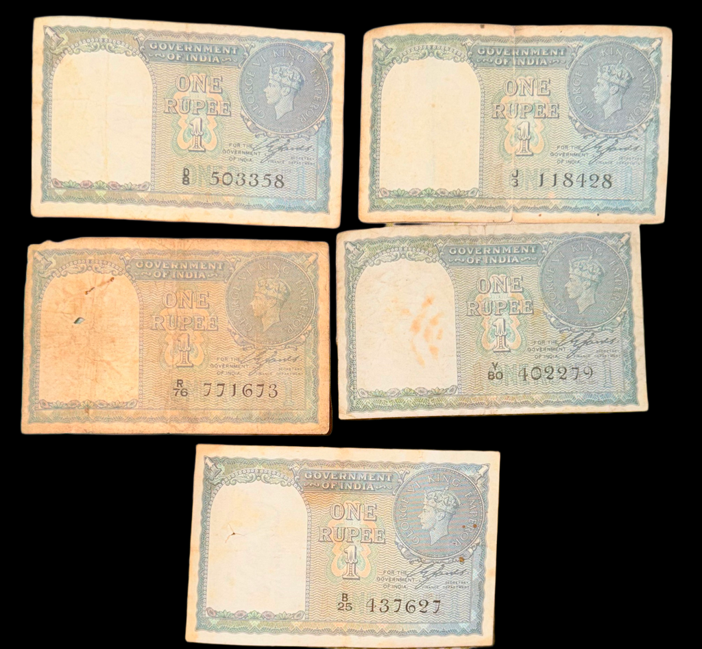 British India Government of India ₹1 notes of King George VI (5 Notes)