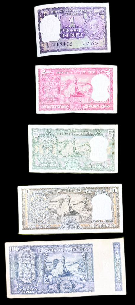 India 1969 Mahatma Gandhi Birth Centenary Commemorative Banknote Set – ₹1, ₹2, ₹5, ₹10 & ₹100