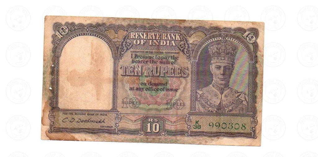1944 British India ₹10 Banknote – C. D. Deshmukh Signature – King George VI – Green Serial Number – Reserve Bank of India