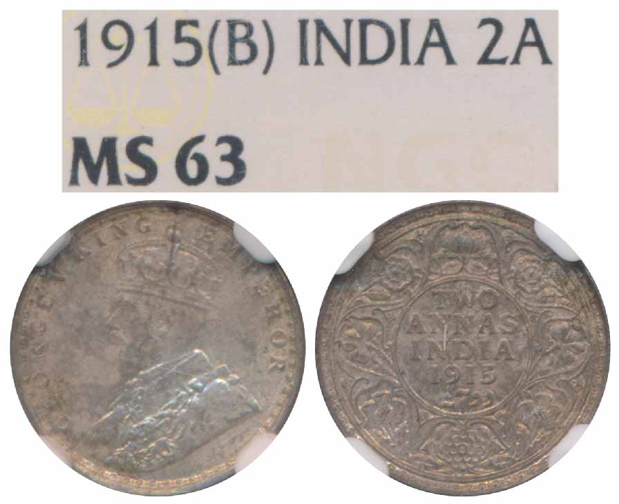George V, Silver 2 Annas, 1915, Bombay Mint (Prid 574). Graded by NGC MS63.