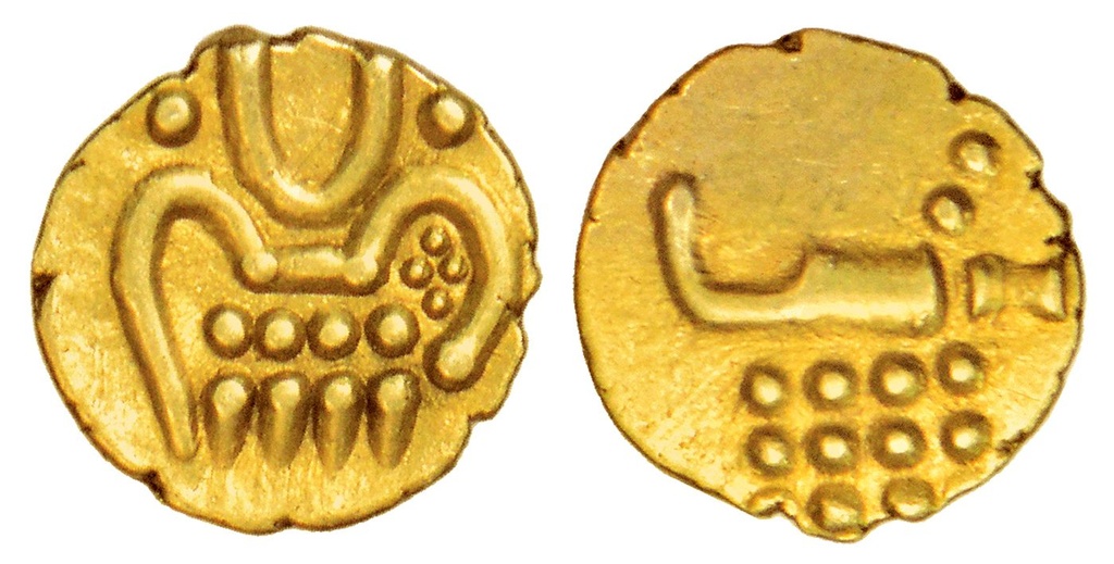 [AC 338] "Indo-Dutch, Cochin mint, gold fanam, ND (1663-1724 AD), one of the earliest issues, bearing resemblance to the designs found on South Indian gold fanams, KM 6, 0.39g. Obv: Degenerated Kali. Rev: Lazy J above three rows of four dots each. Extremely fine, Scarce."