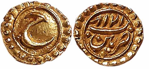 Tipu Sultan, Gold Fanam, 0.39g, Patan Mint, AM 1218, Persian letter “He” (KM# 128.1). Uncirculated.