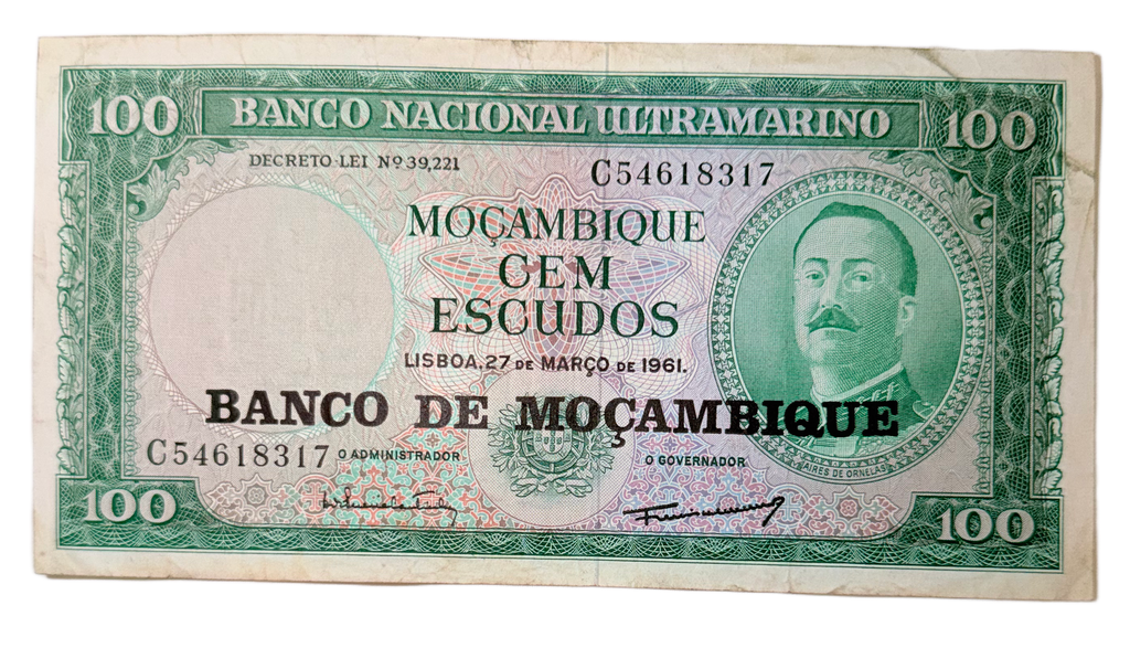 Mozambique 100 Escudos 1961 Banco de Moçambique Overprint P-117a | Vintage Banknote XF Condition