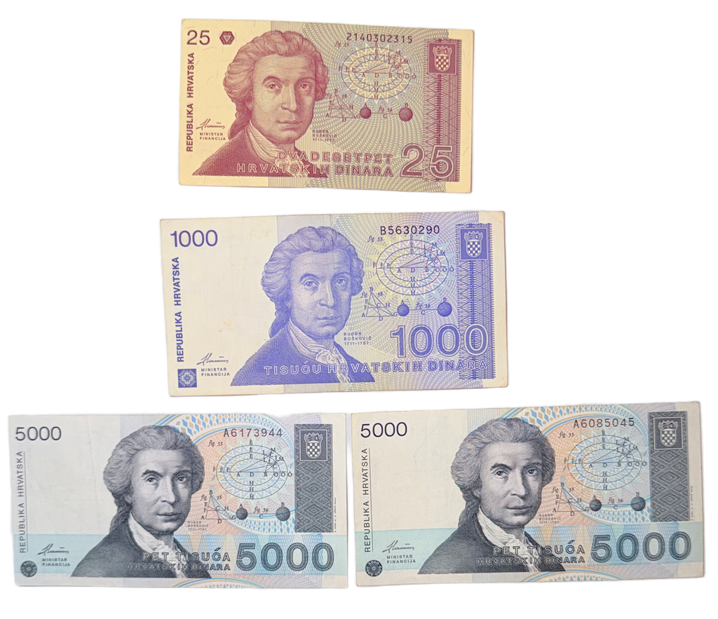 Croatia 1991–1992 Dinar Banknote Collection – 25, 1000 & 5000 Dinara (4 Notes)