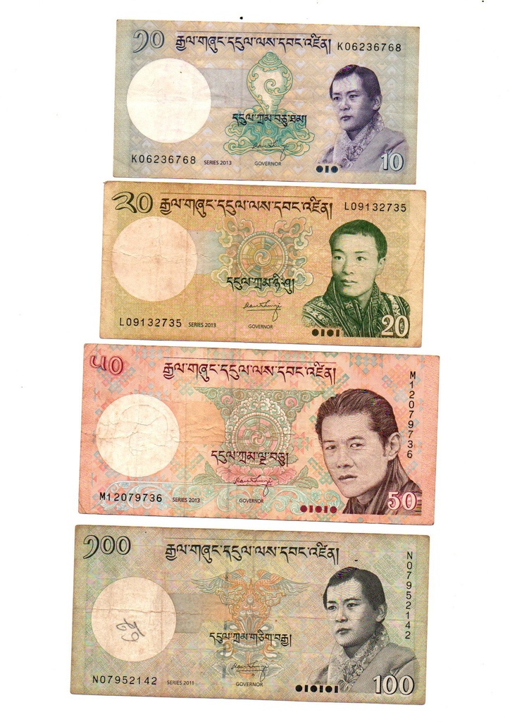 Bhutan Banknotes 10, 20, 50 & 100 Ngultrum – 2011 & 2013 Collector Set