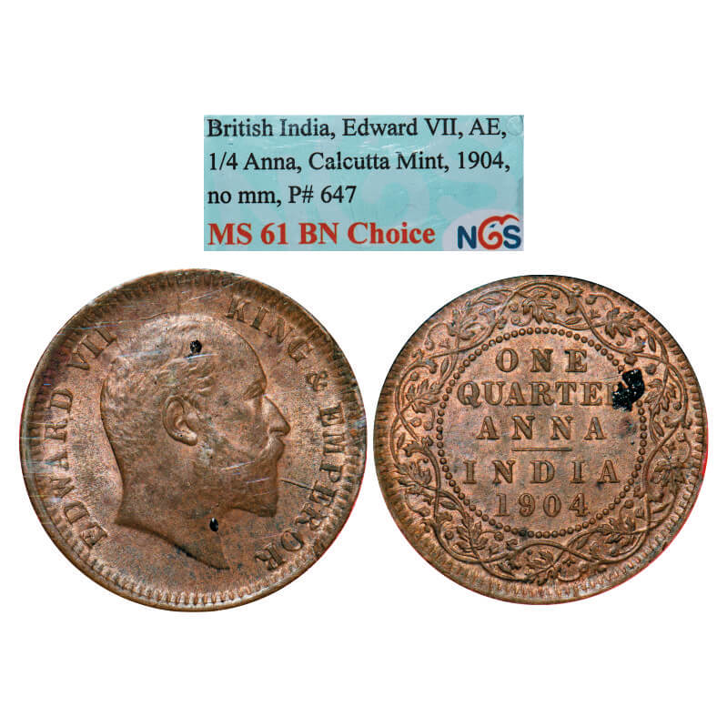Edward VII, Copper, Quarter Anna, 1904, Calcutta Mint, No mint mark. GK 995. NGS Slabbed MS 61 BN. Scarce.