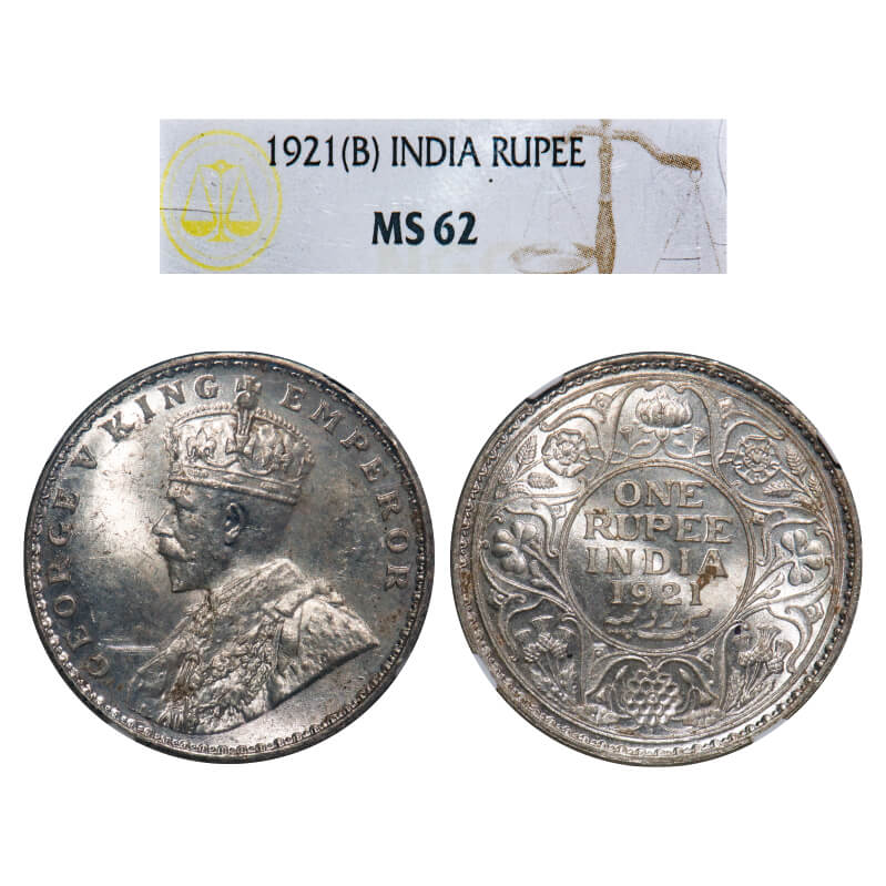 [GC 92] British India – George V Silver Rupee 1921(B), Bombay Mint, Dot, NGC MS 62