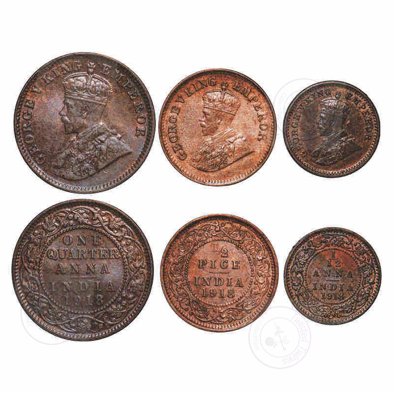 [AC 092] 1918 George V British India 3 Coin Set – 1/4 Anna, 1/2 Pice & 1/12 Anna, Calcutta Mint, UNC-BU