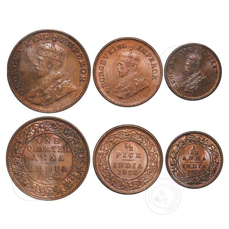 1926 George V British India 3 Coin Set – 1/4 Anna, 1/2 Pice & 1/12 Anna – Bombay & Calcutta Mint – UNC to BU