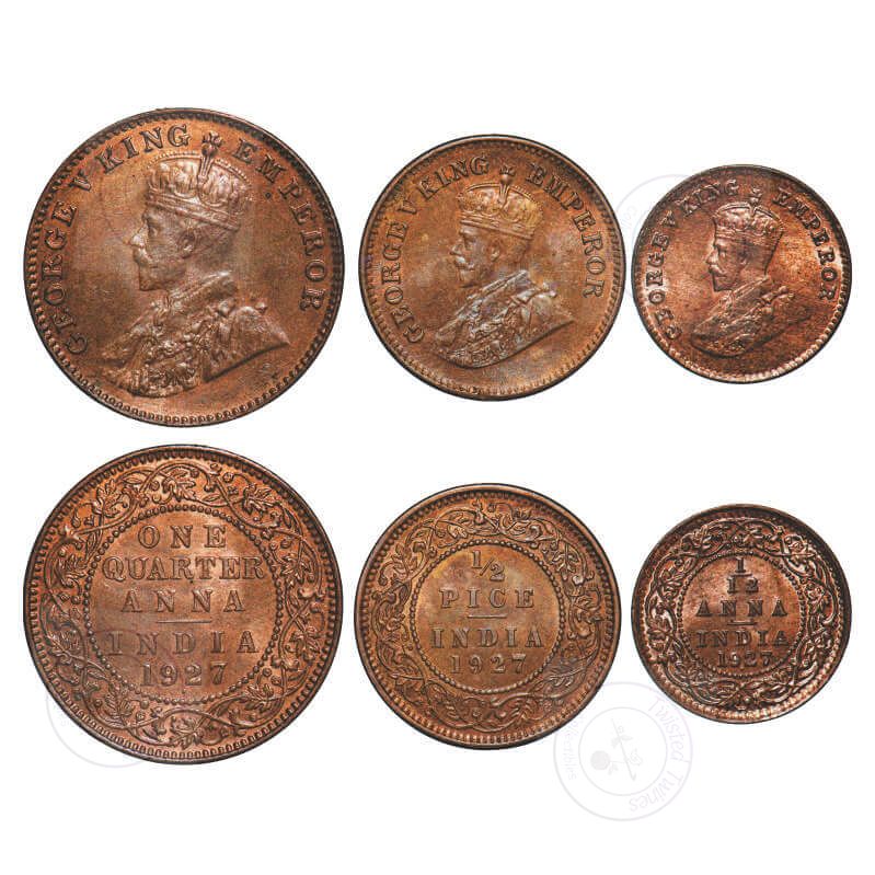 1927 George V British India 3 Coin Set – 1/4 Anna, 1/2 Pice & 1/12 Anna – Bombay & Calcutta Mint – UNC to BU