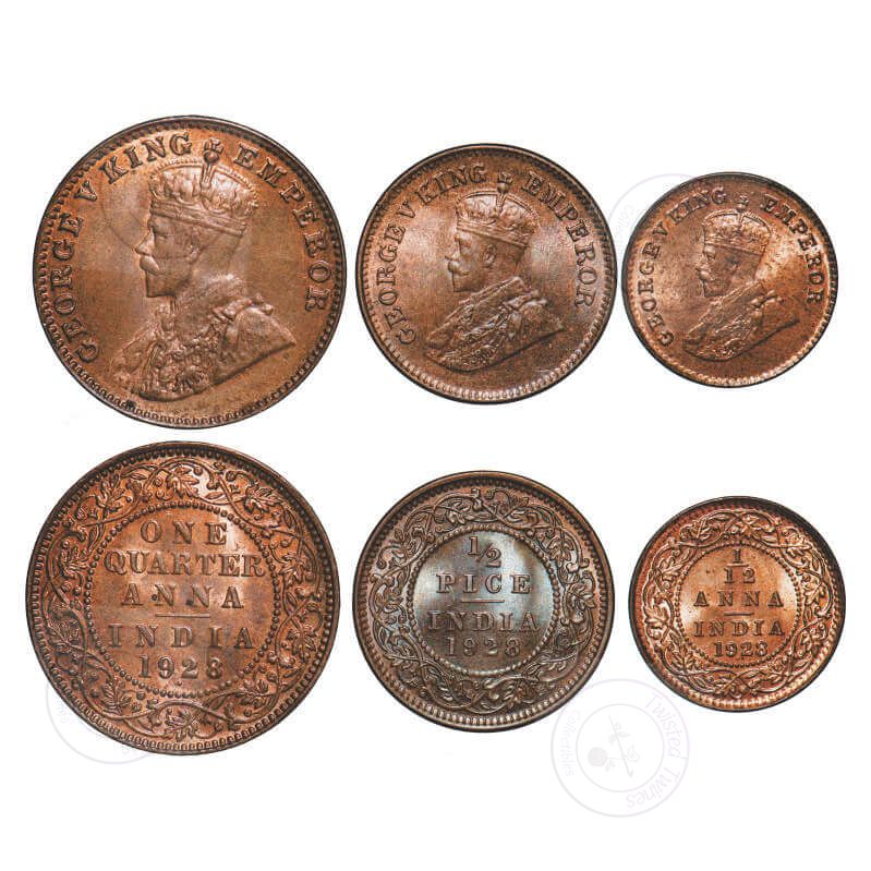 [AC 102-104] 1928 George V British India 3 Coin Set – 1/4 Anna, 1/2 Pice & 1/12 Anna – Bombay & Calcutta Mint – UNC to BU