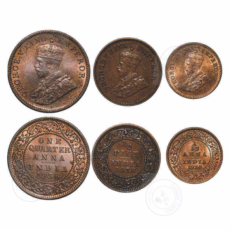 [AC 105-107] 1936 George V British India 3 Coin Set – 1/4 Anna, 1/2 Pice & 1/12 Anna – Calcutta Mint – UNC to BU