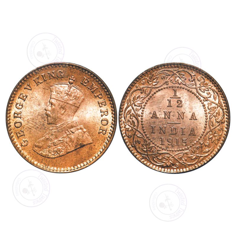 [AC 109] 1915 George V 1/12 Anna British India Bronze Coin – Calcutta Mint – No Dot – Pridmore 830 – GK 1226 – Brilliant Uncirculated