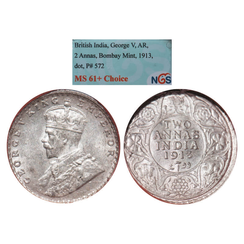 George V, Silver, 2 Annas, 1913, Bombay Mint, Dot. GK 1111. NGS Slabbed MS 61+, Choice. Very Scarce.