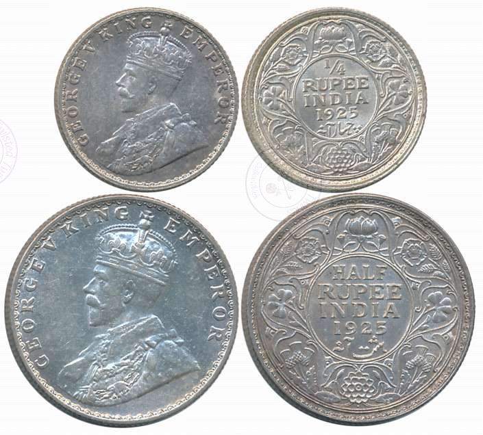 1925 George V Silver Complete Set – ½ Rupee & ¼ Rupee – Bombay Mint Dot – Pridmore 347 & 458 – AU to UNC