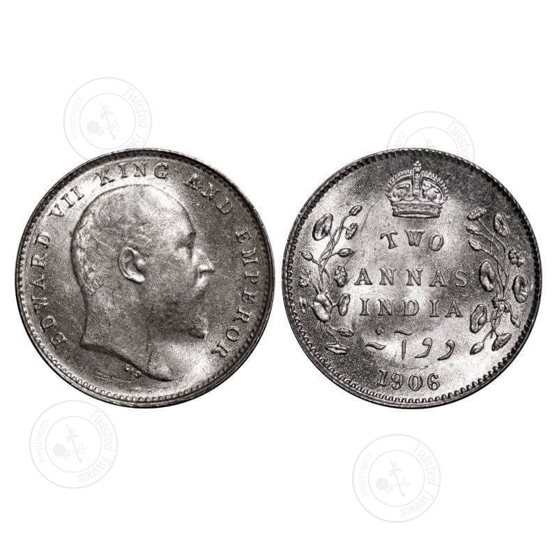 [AC 304] Edward VII 1906 Silver 2 Annas Calcutta Mint No Mint Mark GK 983 – Uncirculated, Very Scarce British India Coin