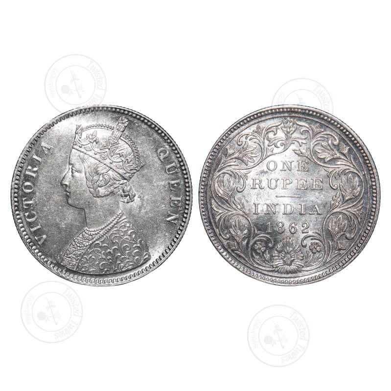 [AC 305] 1862 Victoria Queen Silver Rupee, Bombay Mint, A/II/0/5, 5 Dots, Half Bottom Stroke of Numeral “1”, Without Initial “J”, PR 85, GK 319 – Brilliant Uncirculated with Original Mint Lustre. Very Scarce.