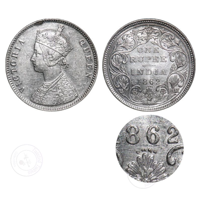[A 307] Victoria Queen, Silver, Rupee, 1862, Bombay Mint, A/II/0/6, Complete 'D" in India, w/o initial 'J', The dots overlap and are close to each other. F. Prid 86. GK322. Brilliant Uncirculated. Very Scarce.