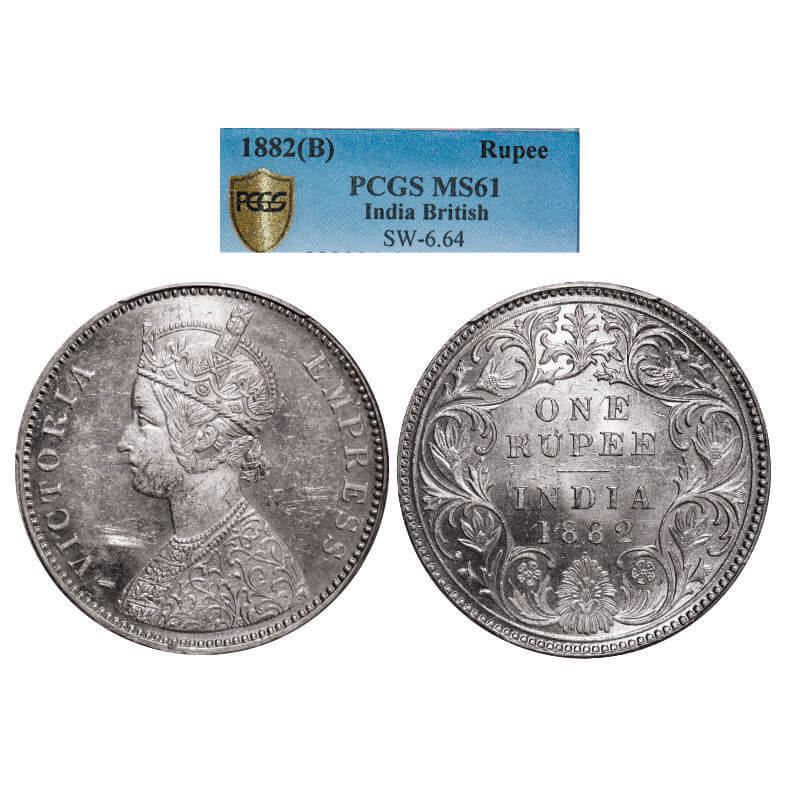 Victoria Empress, Silver, Rupee, 1882, Bombay Mint, A3/I, Dot. GK 474. PCGS Slabbed MS 61.Rare.