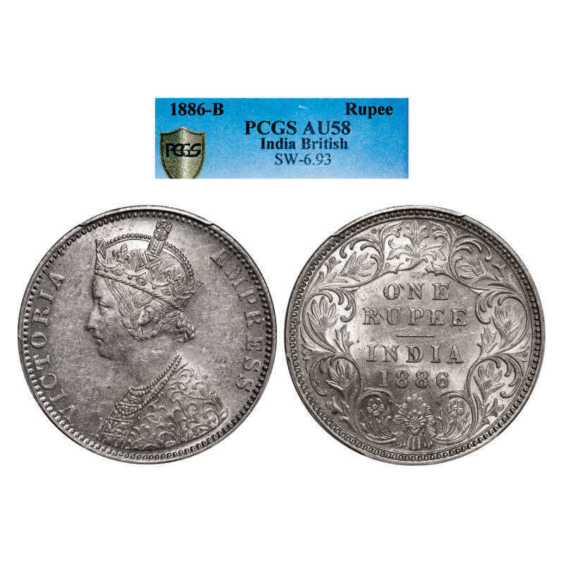 Victoria Empress, Silver, Rupee, 1886, Bombay Mint, C2/I(i), 'B' incused. GK 525. PCGS Slabbed AU 58. Very Scarce.