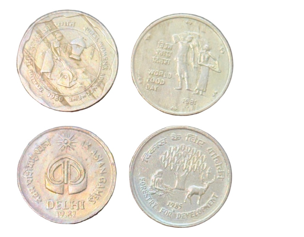 [RIC 19] India 25 Paise Commemorative Coin Set 1980–1985 | Rural Women, World Food Day, Asian Games & Forestry