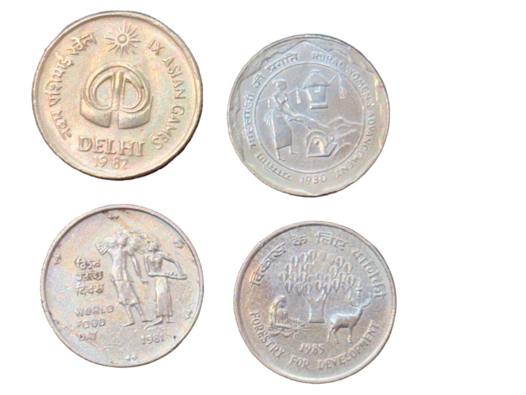 [RIC 20] India 25 Paise Commemorative Coin Set 1980–1985 – Calcutta Mint | Rural Women, World Food Day, Asian Games & Forestry