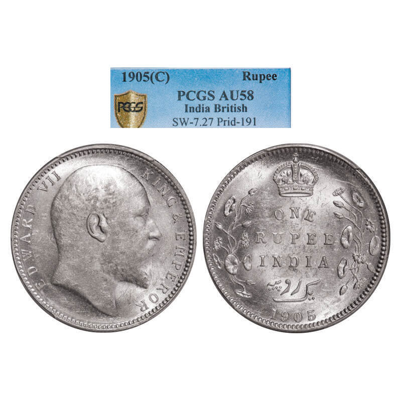 Edward VII, Silver, Rupee, 1905, Calcutta Mint, No mint mark. GK 934. PCGS Slabbed AU 58.Scarce.