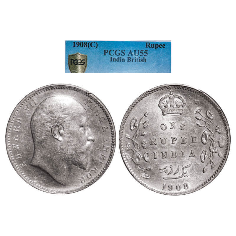 Edward VII, Silver, Rupee, 1908, Calcutta mint, No mint mark. GK 946. PCGS Slabbed AU 55. Very Scarce.