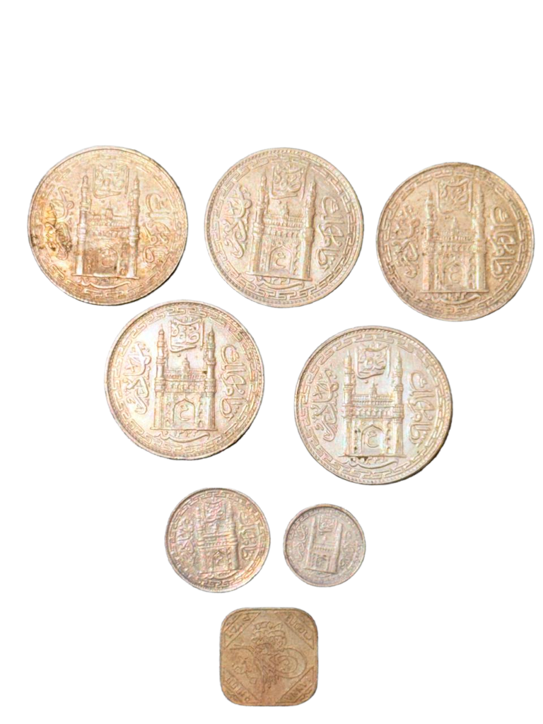 Hyderabad State Nizam Coin Collection – 1 Rupee Silver AH 1331–1343, 4 & 2 Annas, 1937 1 Anna