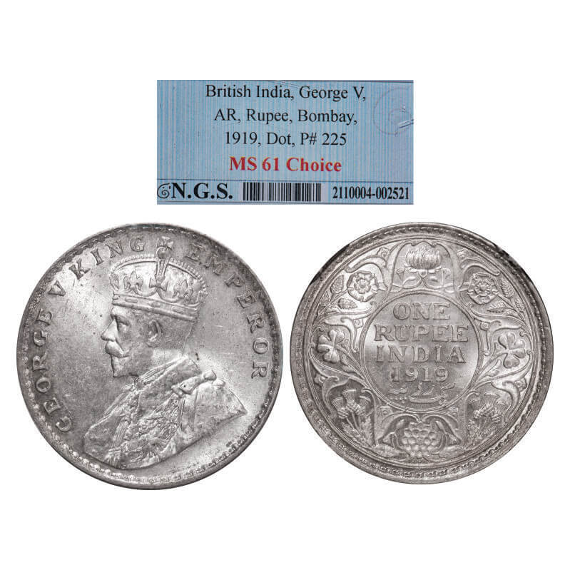 George V, Silver, Rupee, 1919, Bombay Mint, Dot,. GK 1040. NGS Slabbed MS 61. Scarce.